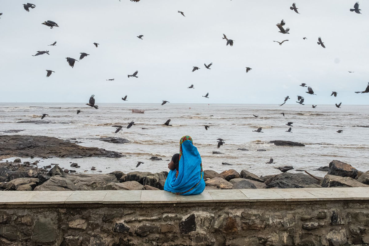 Contemplation by Suresh Naganathan: a figure in blue sits on a sea wall as a flock of birds crosses an overcast sky